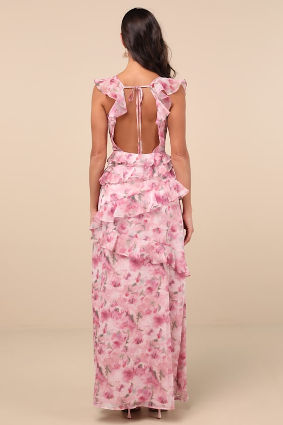 Lulus Evangeline Pink Floral Ruffled Maxi Dress