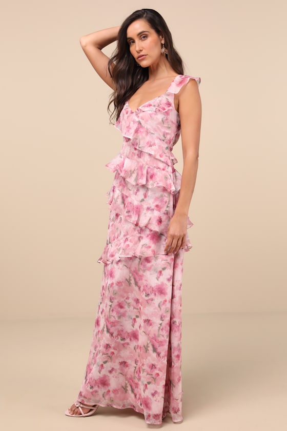 Lulus Evangeline Pink Floral Ruffled Maxi Dress