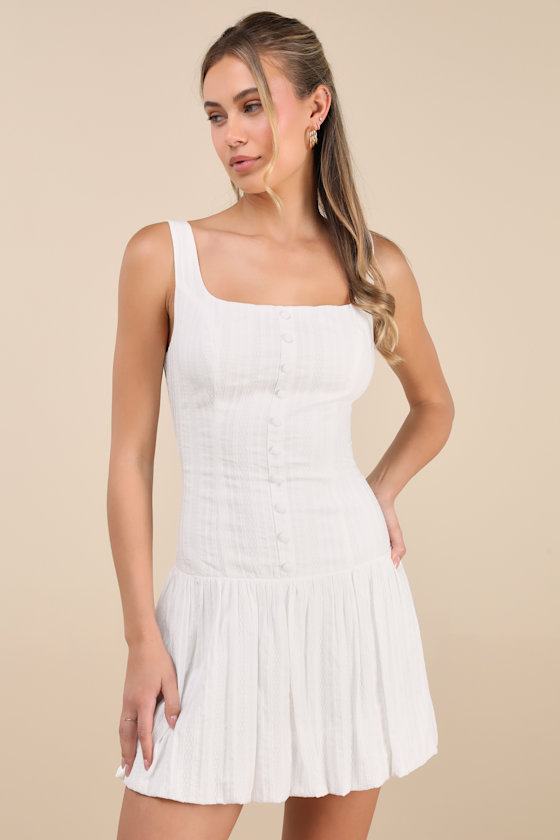 Lulus Khamari White Textured Drop Waist Bubble-hem Mini Dress