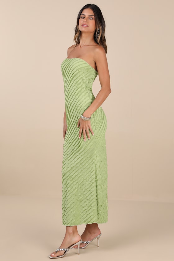 LULUS FAELYN LIGHT GREEN STRAPLESS RUFFLED MIDI DRESS 