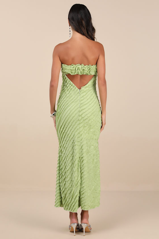 LULUS FAELYN LIGHT GREEN STRAPLESS RUFFLED MIDI DRESS 