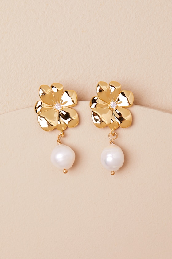Geneva 14KT Gold Flower Pearl Drop Earrings 1