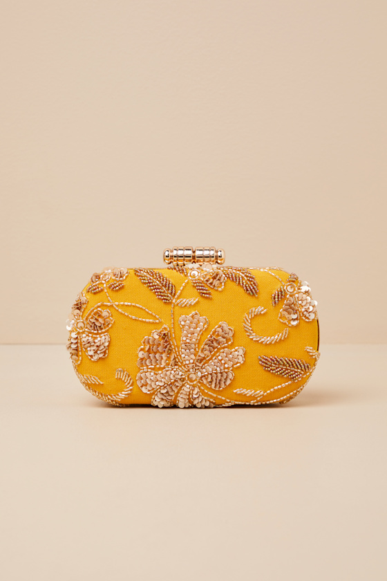 Lulus Silvina Golden Yellow Beaded Sequin Floral Box Clutch