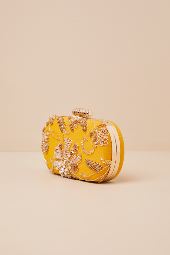 Lulus Silvina Golden Yellow Beaded Sequin Floral Box Clutch