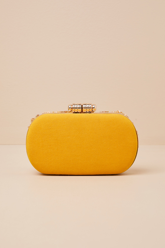 Lulus Silvina Golden Yellow Beaded Sequin Floral Box Clutch