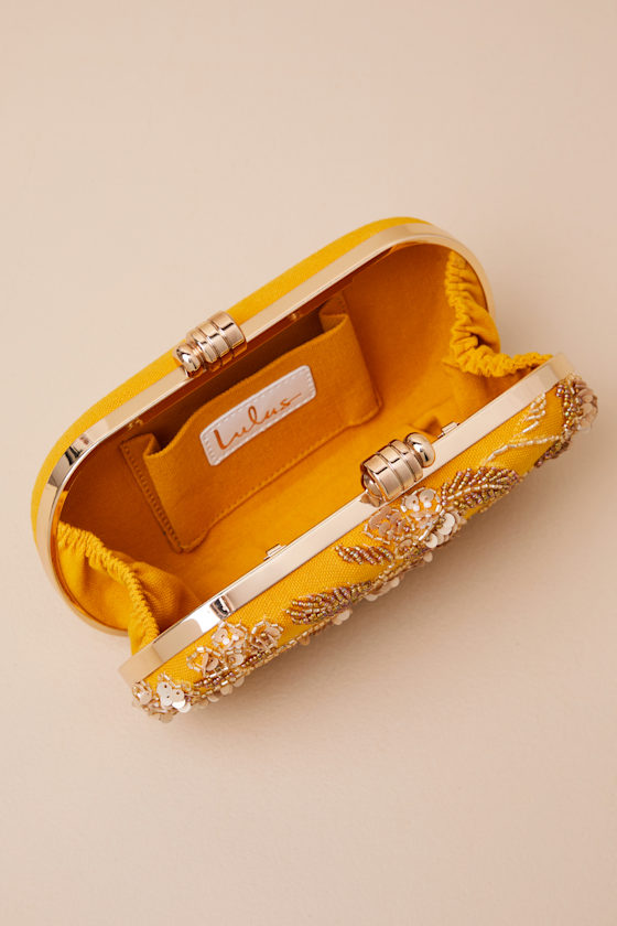 Lulus Silvina Golden Yellow Beaded Sequin Floral Box Clutch