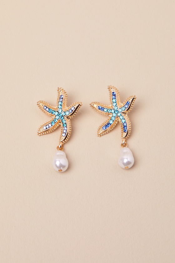 Lulus Asterina Blue And Gold Rhinestone Starfish Earrings