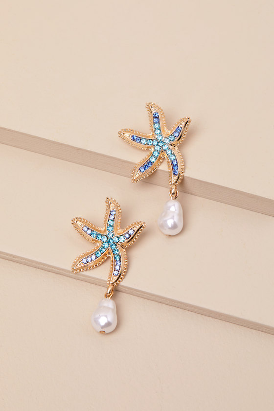 Lulus Asterina Blue And Gold Rhinestone Starfish Earrings