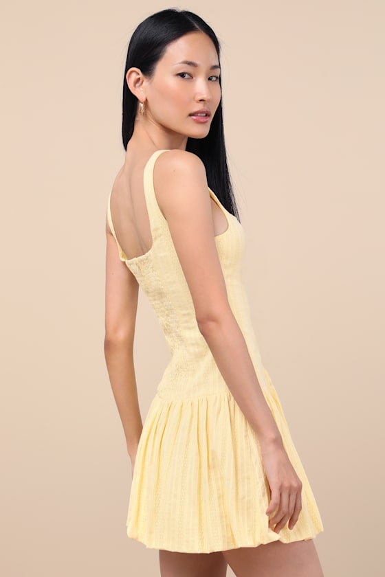 Lulus Khamari Yellow Textured Drop Waist Bubble-hem Mini Dress