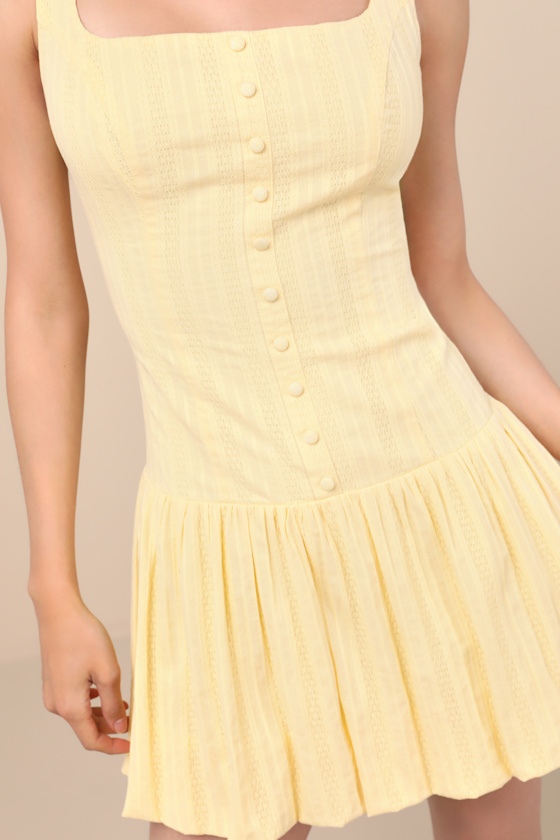 Lulus Khamari Yellow Textured Drop Waist Bubble-hem Mini Dress