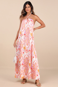 Nikoletta Coral Pink Multi Paisley Print Halter Maxi Dress 1