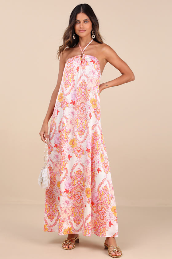 Nikoletta Coral Pink Multi Paisley Print Halter Maxi Dress 1