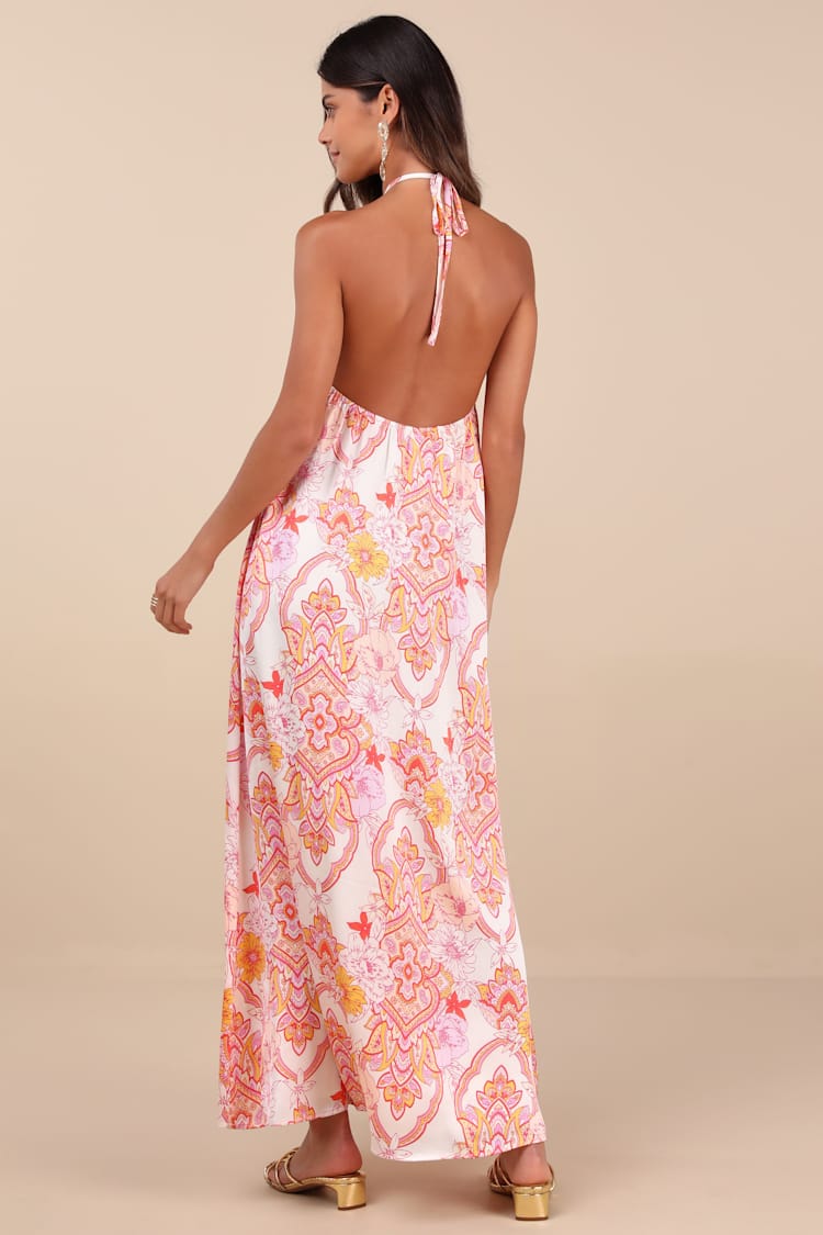 Nikoletta Coral Pink Multi Paisley Print Halter Maxi Dress