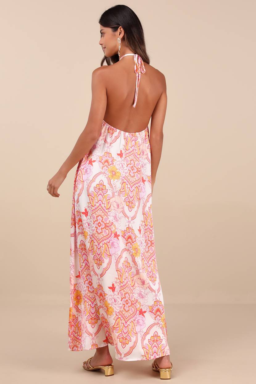 Lulus | Coral Pink Paisley Print Halter Maxi Dress | Womens | X-Small (Available in XXL, S, M, L, XL) | 100% Polyester