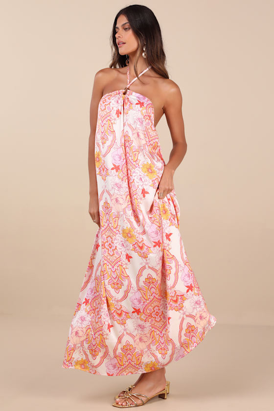 Lulus Nikoletta Coral Pink Multi Paisley Print Halter Maxi Dress