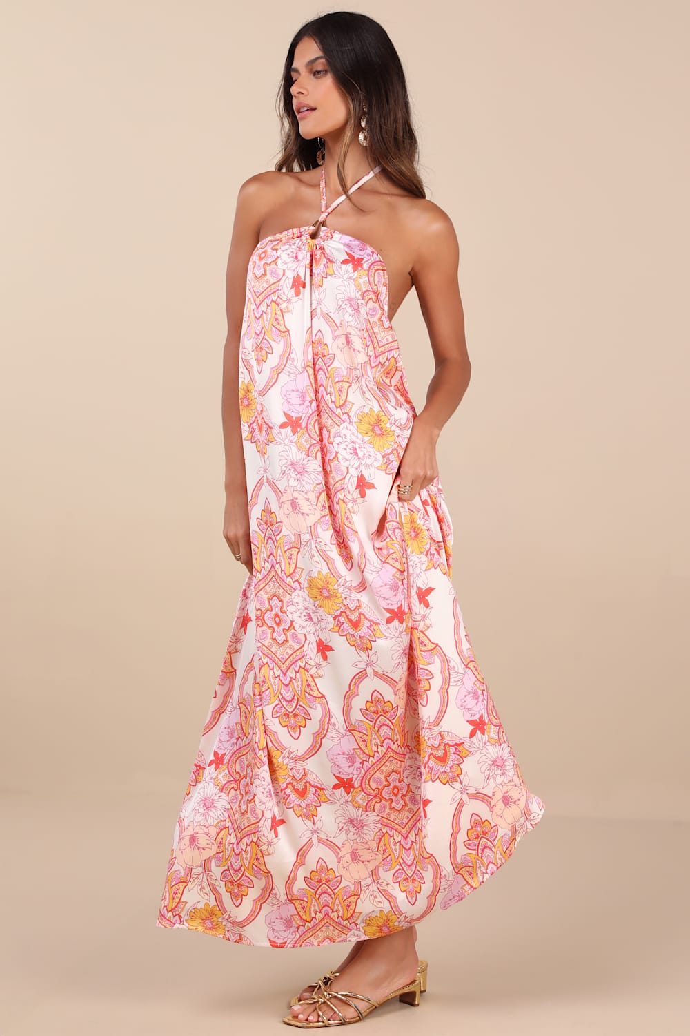 Nikoletta Coral Pink Multi Paisley Print Halter Maxi Dress