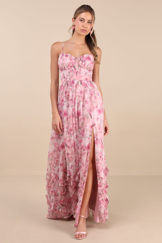 Image of Novella Pink Floral Ruffled Bustier Lace-Up Maxi Dress