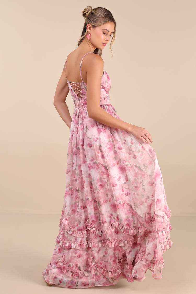 Novella Pink Floral Ruffled Bustier Lace-Up Maxi Dress