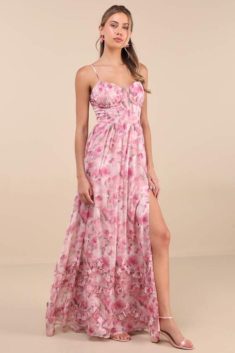 Novella Pink Floral Ruffled Bustier Lace-Up Maxi Dress