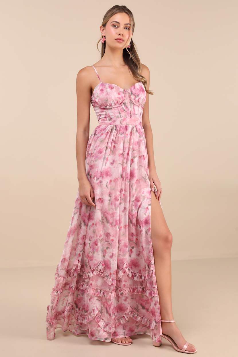 Novella Pink Floral Ruffled Bustier Lace-Up Maxi Dress