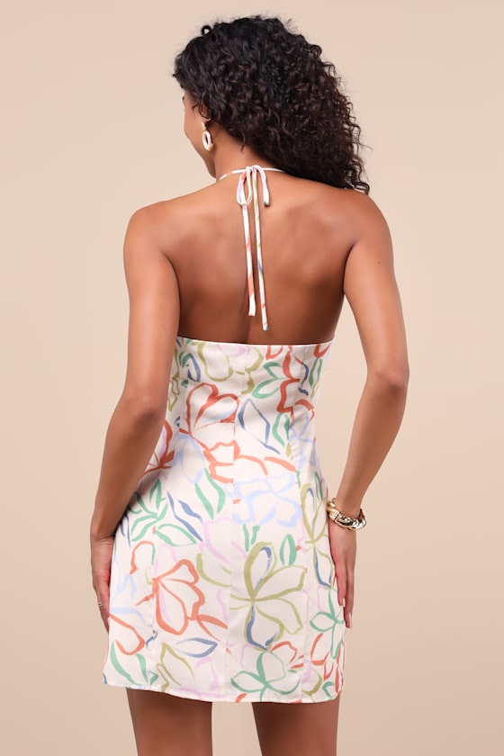 Cloelia Ivory Abstract Floral Button-Front Halter Mini Dress 2