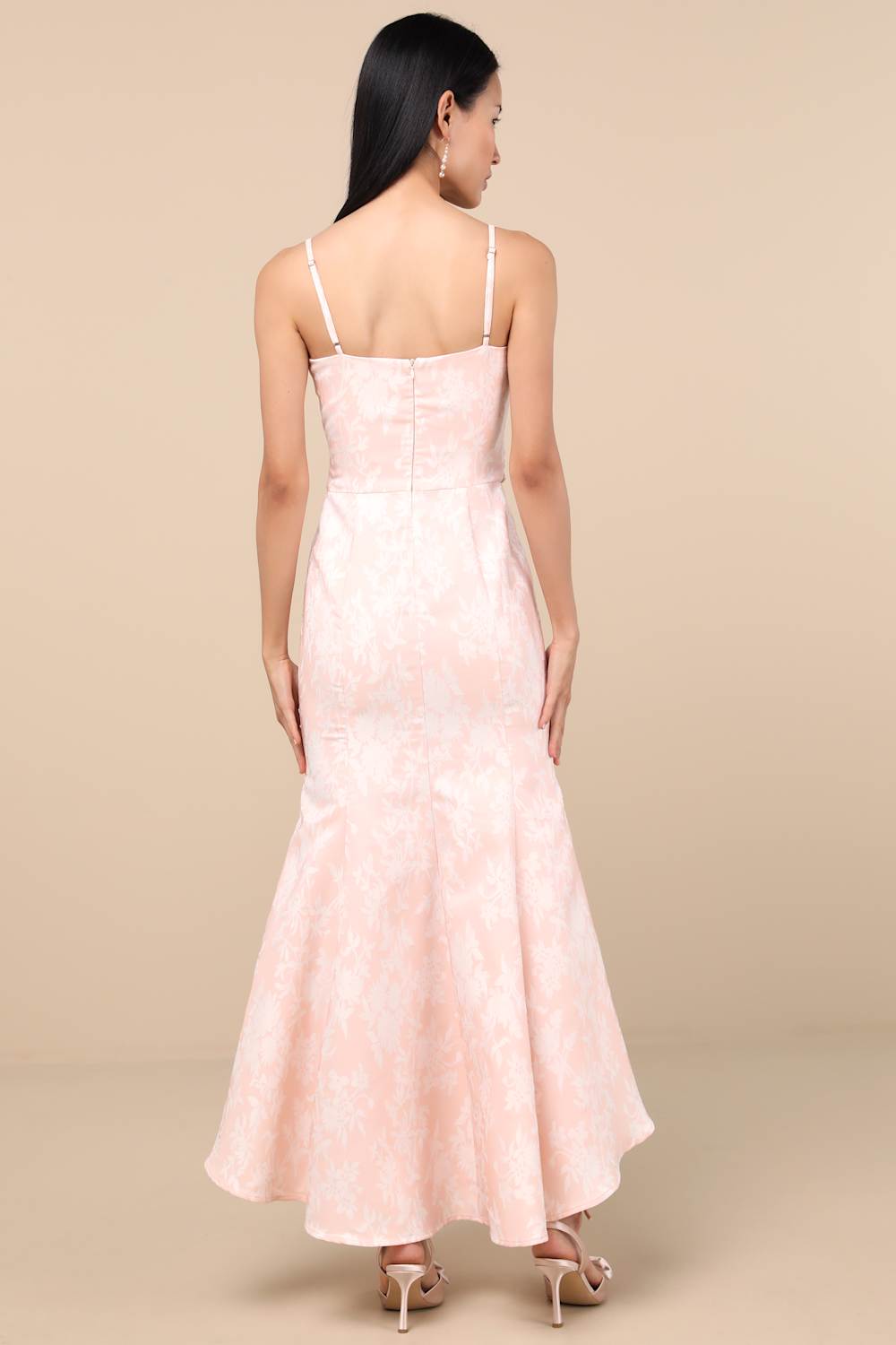 Gwenth Blush Floral Jacquard High-Low Midi Dress