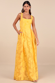 Perfected Aura Yellow Jacquard Tie-Back Maxi Dress with Pockets