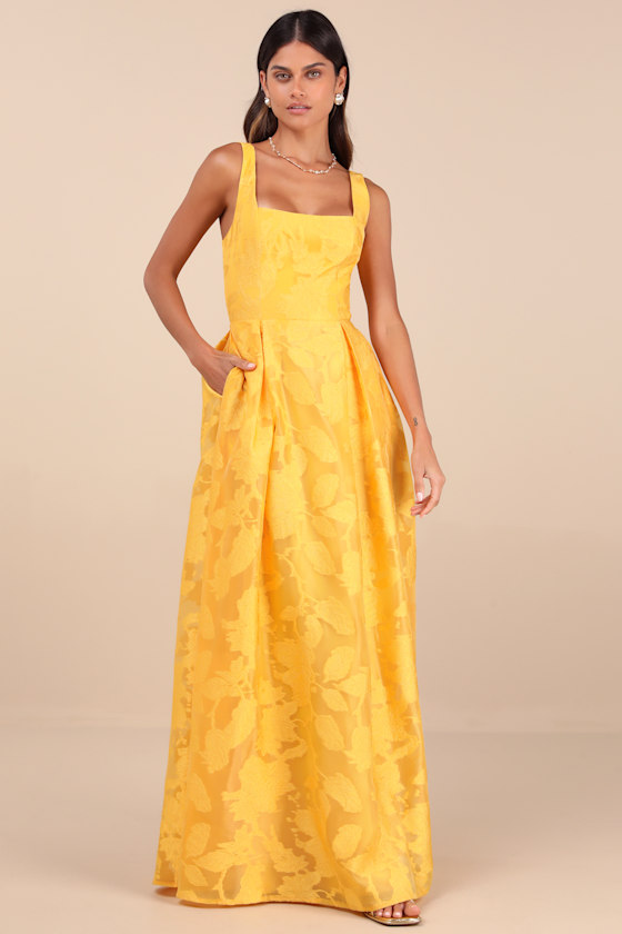 Perfected Aura Yellow Jacquard Tie-Back Maxi Dress with Pockets 1