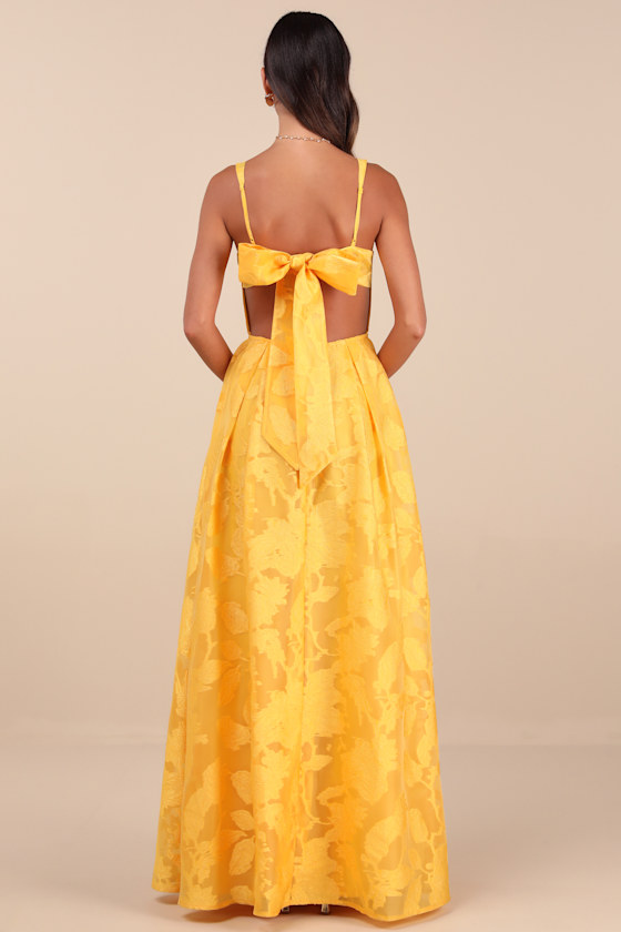 Shop Lulus Perfected Aura Yellow Jacquard Tie-back Maxi Dress With Pockets