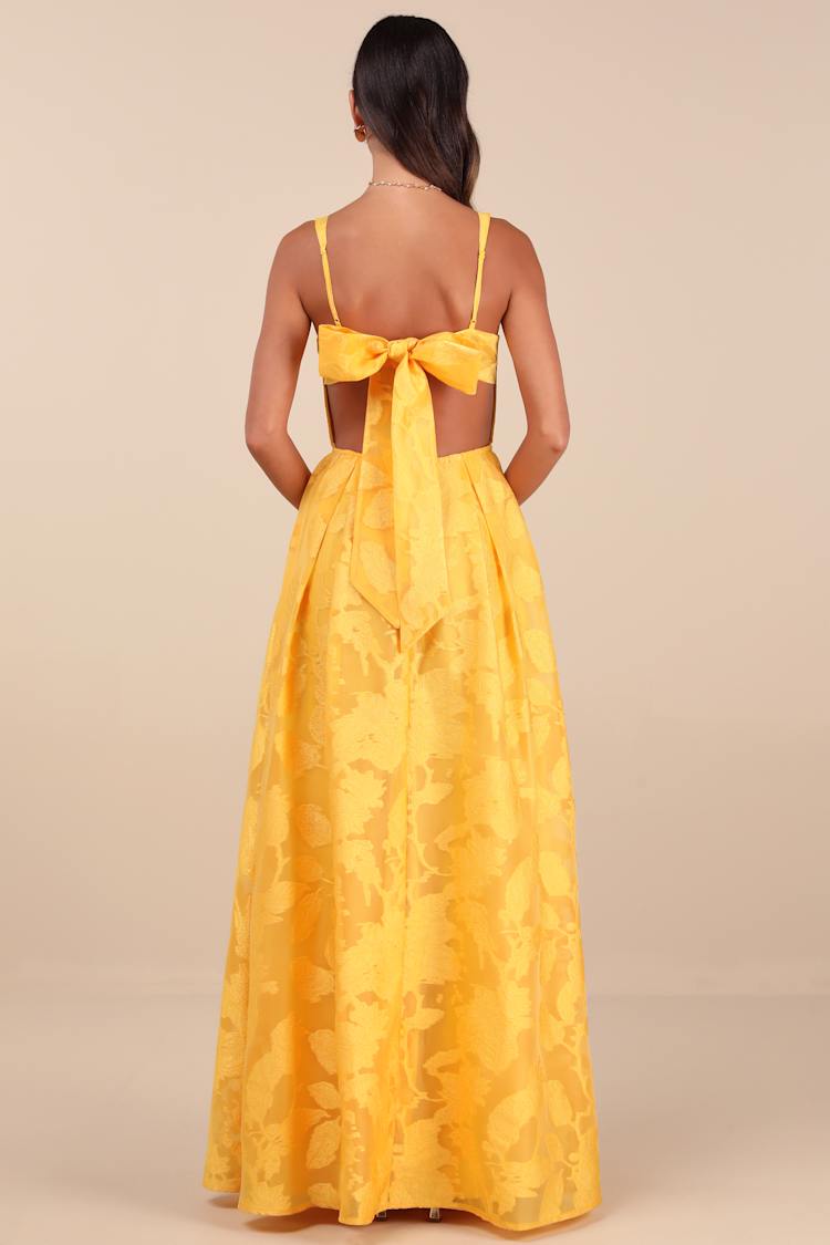 Perfected Aura Yellow Jacquard Tie-Back Maxi Dress with Pockets