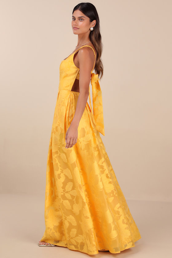 Shop Lulus Perfected Aura Yellow Jacquard Tie-back Maxi Dress With Pockets