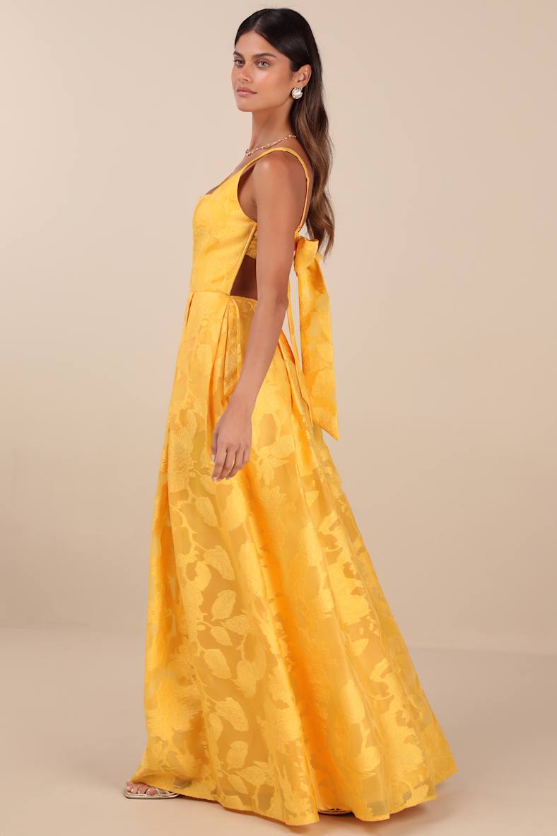 Perfected Aura Yellow Jacquard Tie-Back Maxi Dress with Pockets