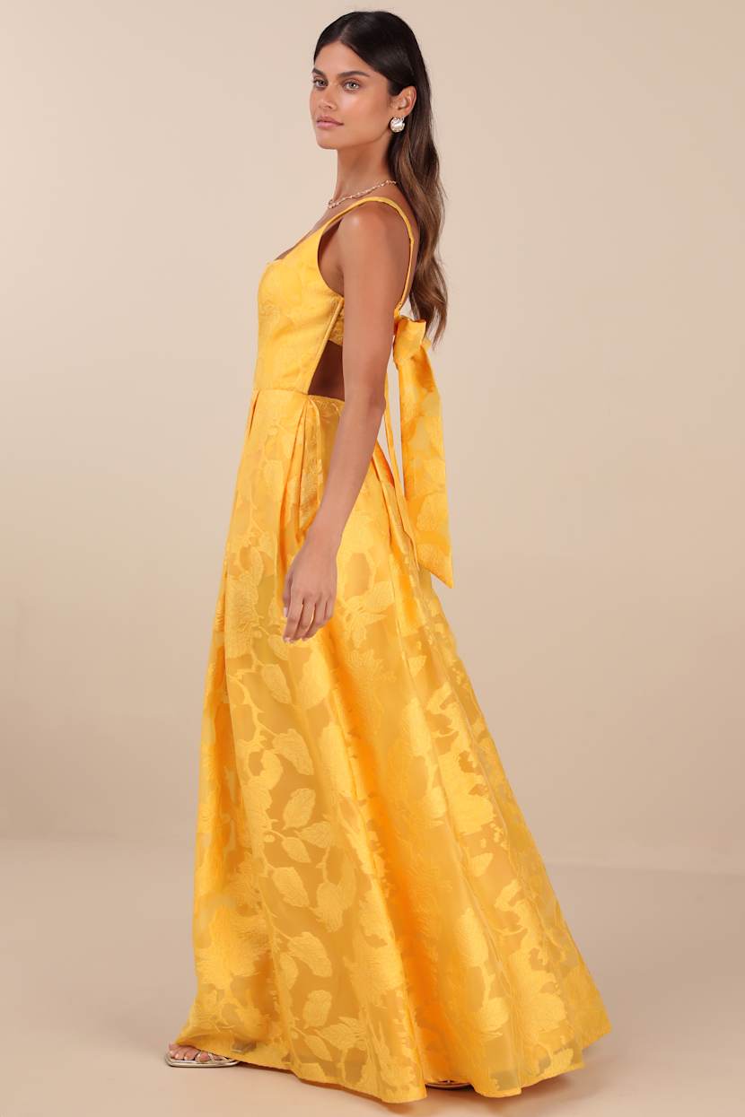 Perfected Aura Yellow Jacquard Tie-Back Maxi Dress with Pockets