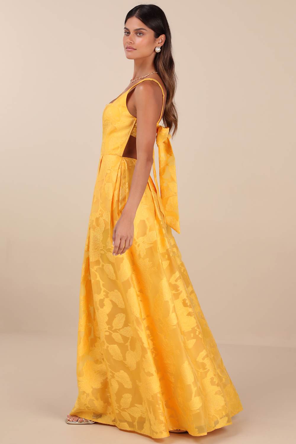 Perfected Aura Yellow Jacquard Tie-Back Maxi Dress with Pockets
