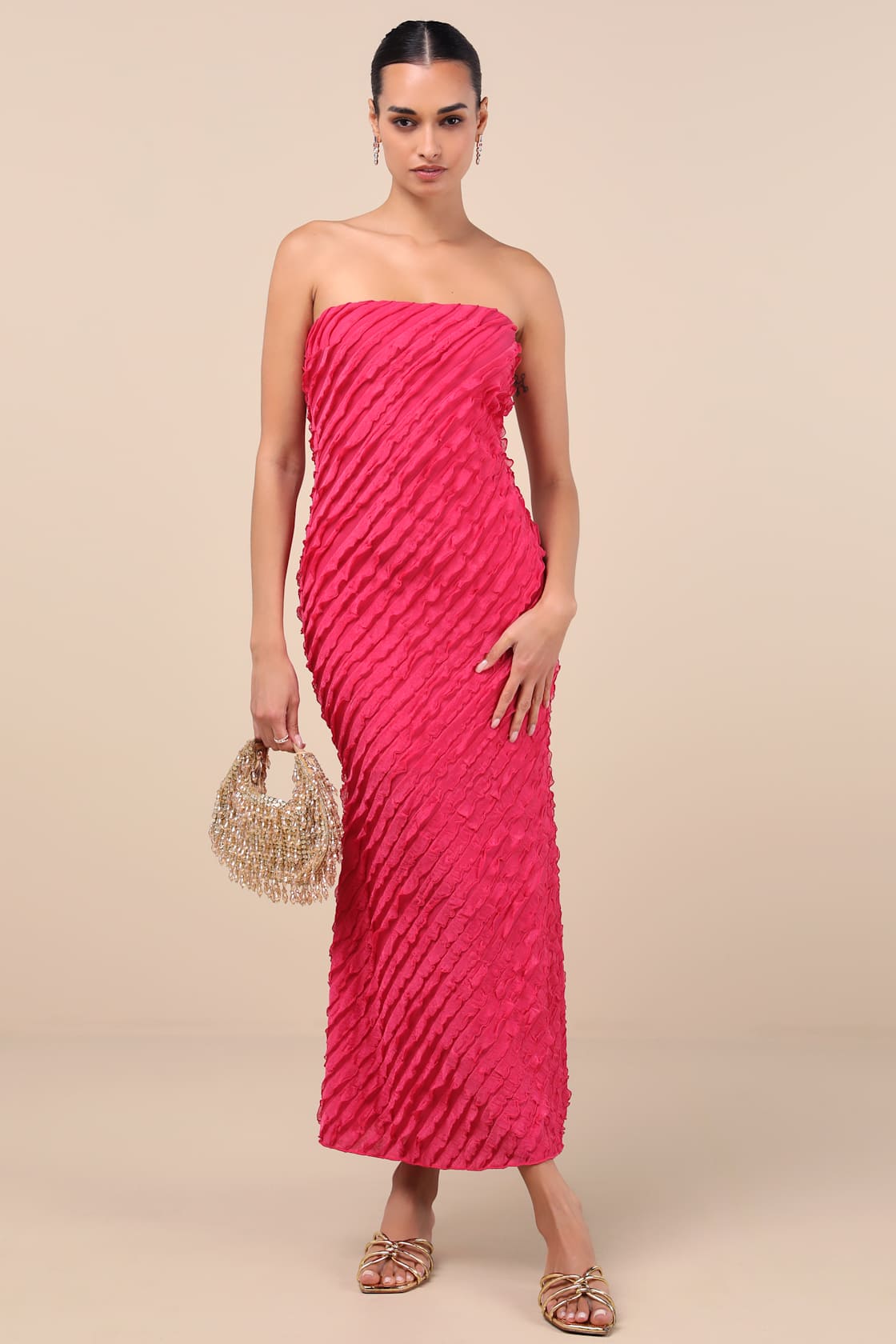 Faelyn Magenta Strapless Ruffled Midi Dress