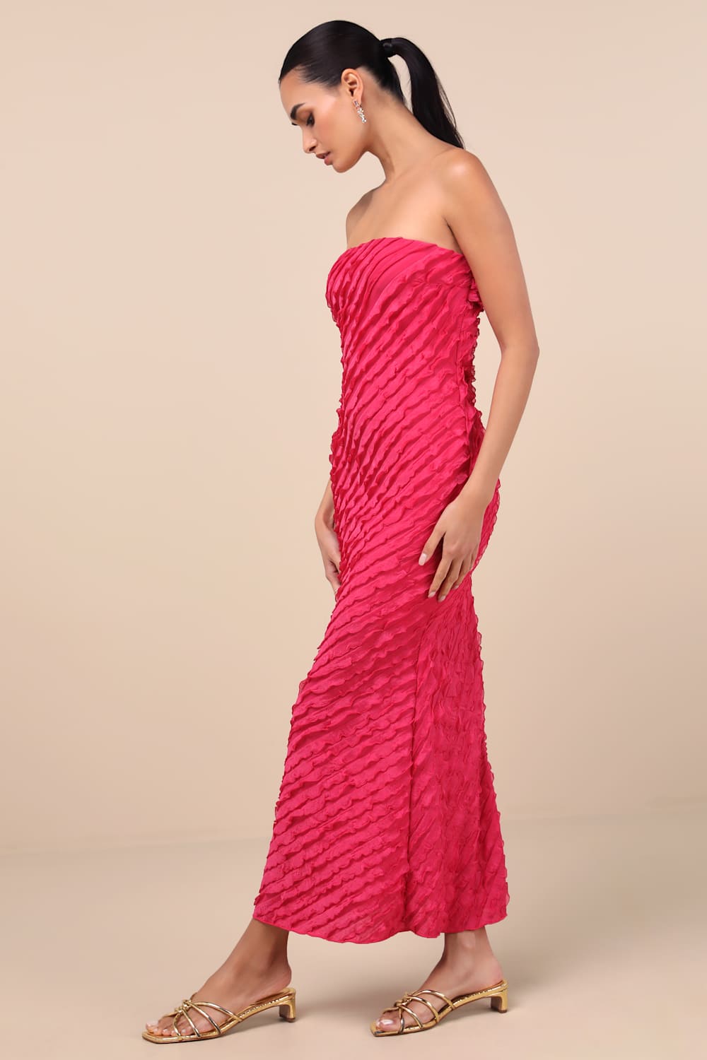 Faelyn Magenta Strapless Ruffled Midi Dress