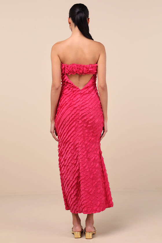 LULUS FAELYN MAGENTA STRAPLESS RUFFLED MIDI DRESS