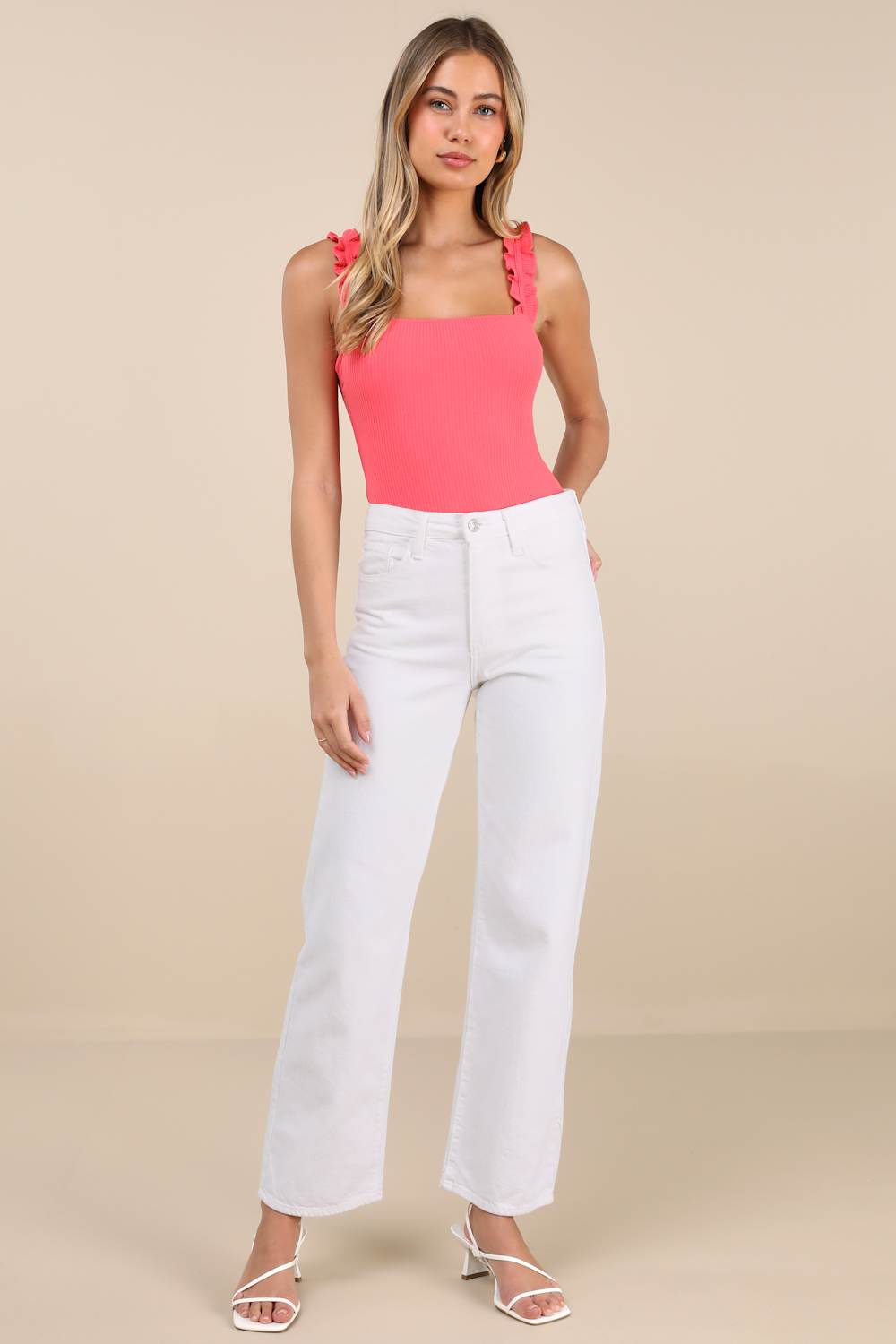 Musing About You Coral Ribbed Ruffle Strap Bodysuit