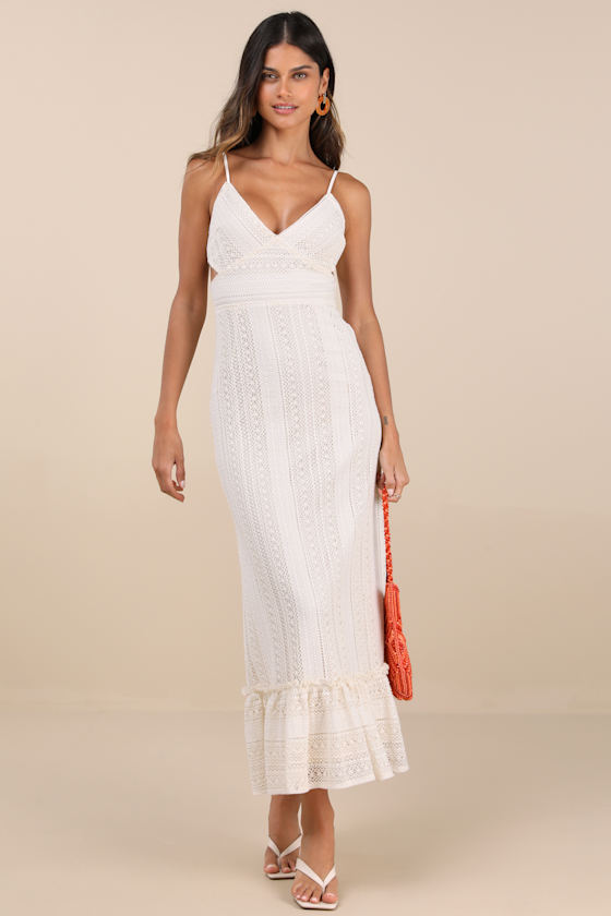 Lulus Oliana Ivory Crochet Lace Tiered Cutout Maxi Dress