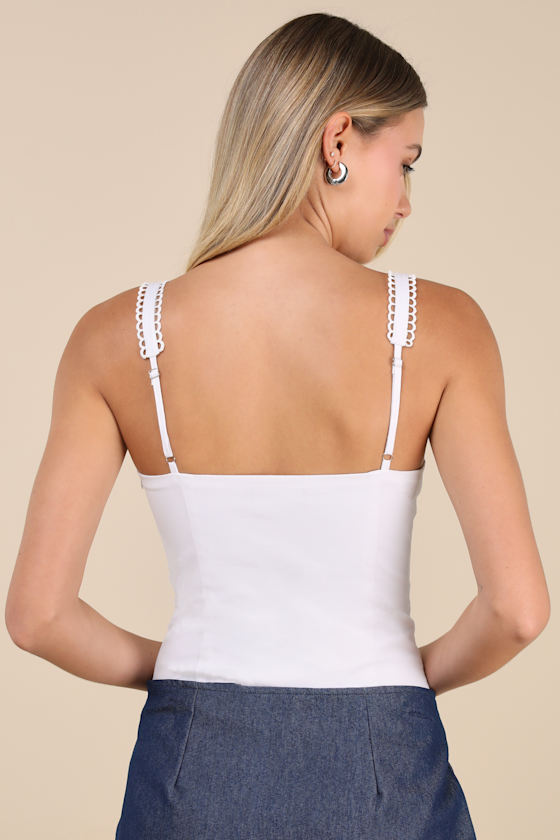Shop Lulus Tonina White Scalloped Bow Sleeveless Bodysuit
