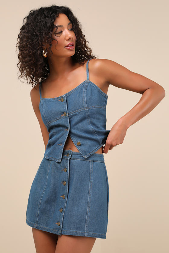 LULUS KAMILE BLUE CHAMBRAY BUTTON-FRONT HIGH-RISE MINI SKIRT