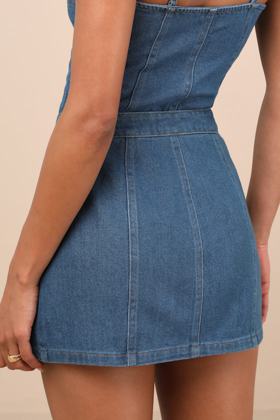 LULUS KAMILE BLUE CHAMBRAY BUTTON-FRONT HIGH-RISE MINI SKIRT