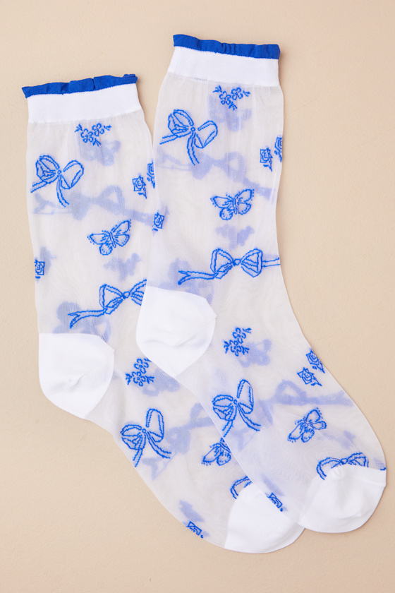 Hansel From Basel Alice White And Navy Bow Embroidered Sheer Socks In Navy