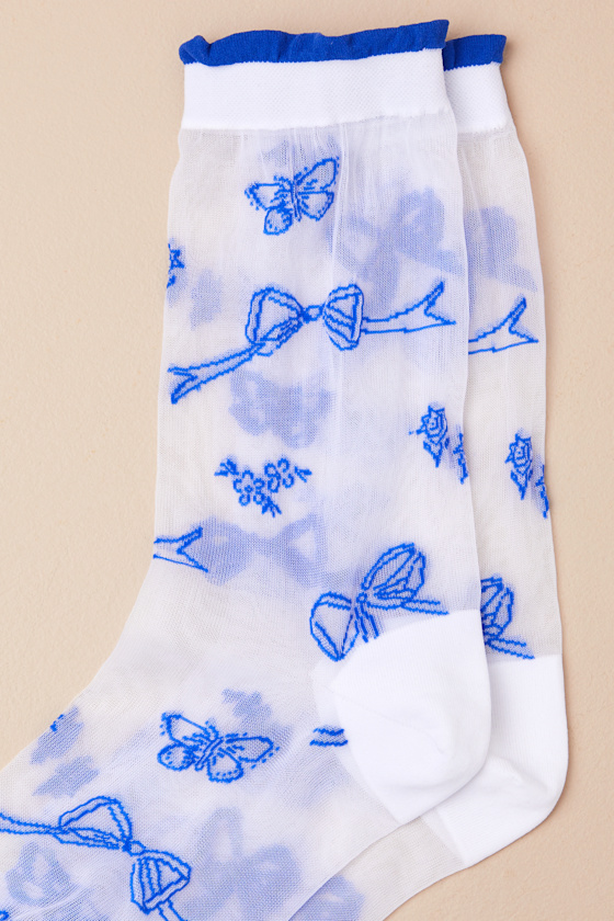 Hansel From Basel Alice White And Navy Bow Embroidered Sheer Socks In Navy