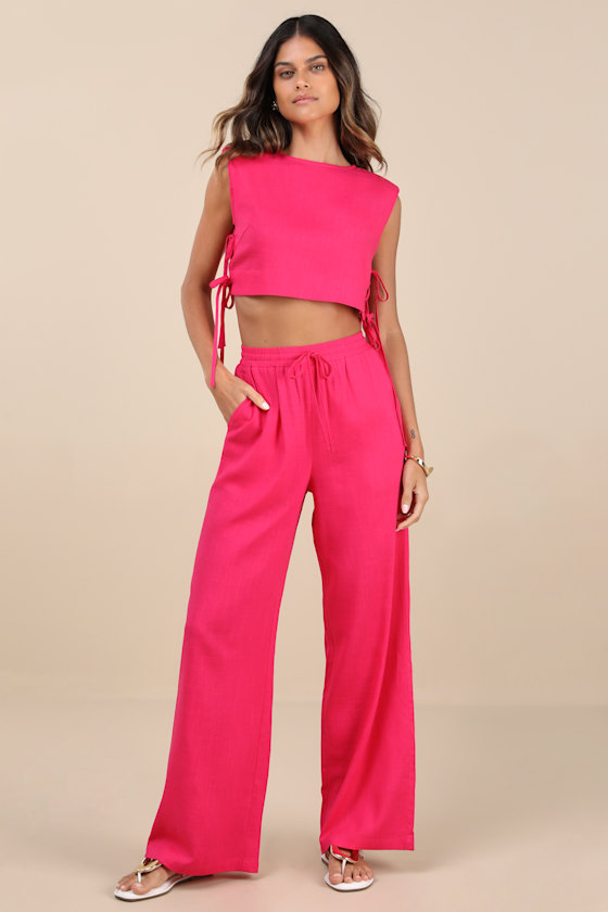 Hot Pink Linen Top - Sleeveless Crop Top - Tie-Side Crop Top - Image 4