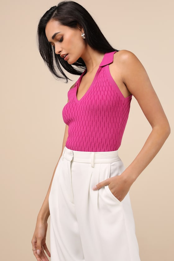 Eliseo Fuchsia Knit Collared Tank Top 1
