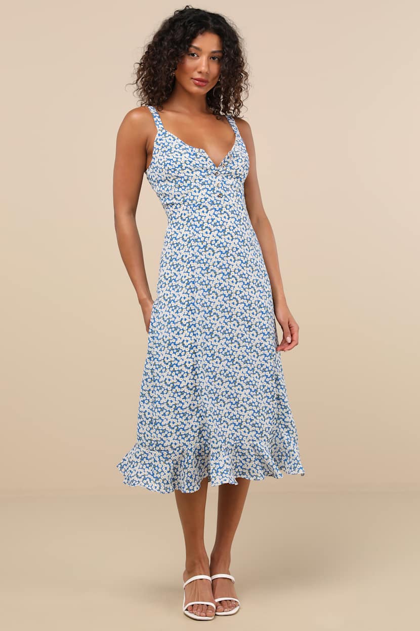 knee length dresses for ladies Lana Scarf-Print Midi Dress in Blue Jay Multi