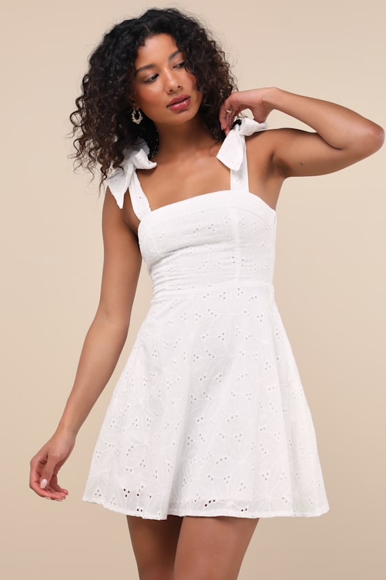 Sneak a Kiss White Floral Embroidered Tie-Strap Mini Dress - thumbnail 4