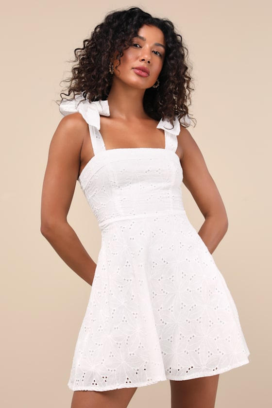 Image of Sneak a Kiss White Floral Embroidered Tie-Strap Mini Dress