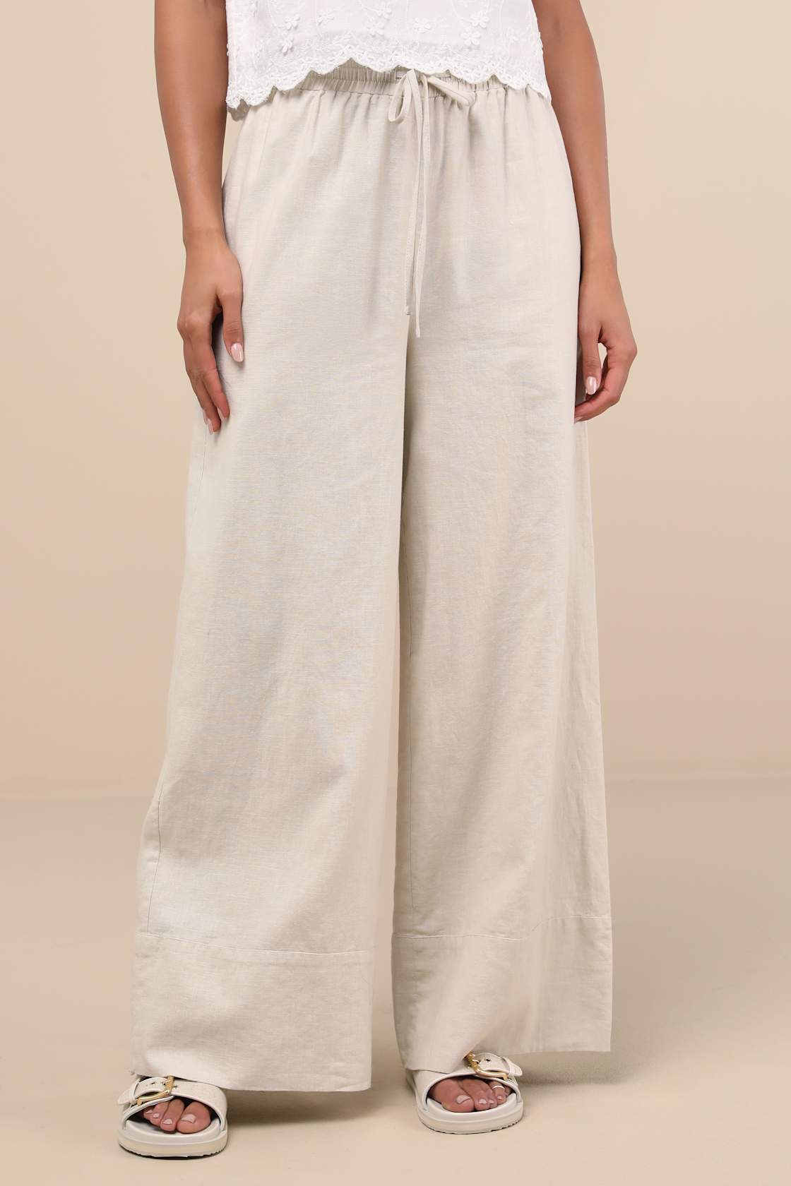 Brisa Beige Cuffed Wide-Leg Pants